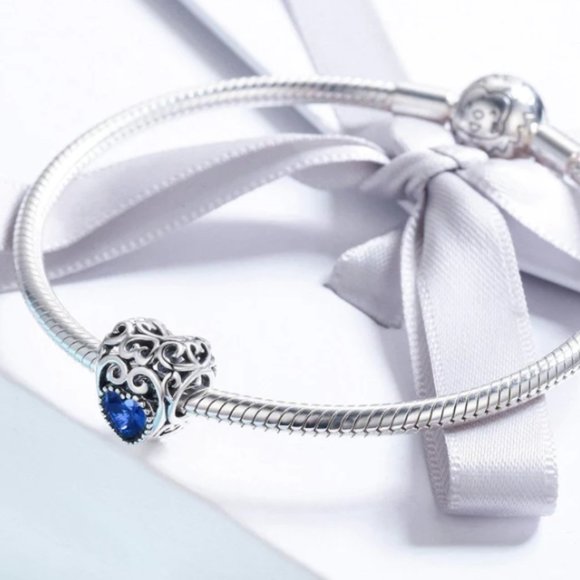 Forever Queen Silver Heart with Blue Birthstone Charm for Snake Chain Bracelet - Picture 2 of 7